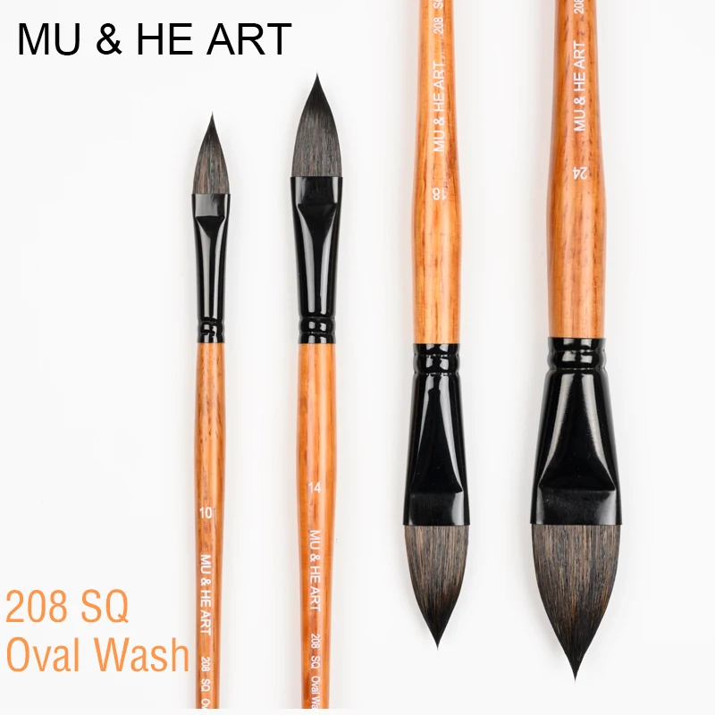 208 Grey Squirrel Hair Watercolor Brush Black Oak Handle Round Cat Tongue Flat Angled Brush for Gouache Chinese Painting Pastel