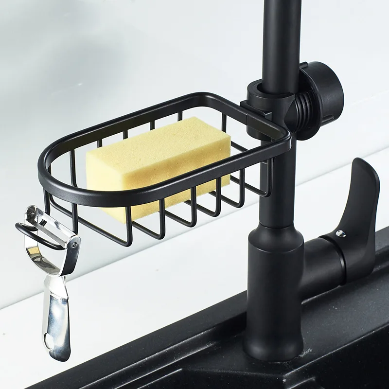 Bathroom Faucet Shelf Space Aluminum Kitchen Sink Sponge Drain Rack Black Silver Bathroom Shower Storage Rack Sundries Holder