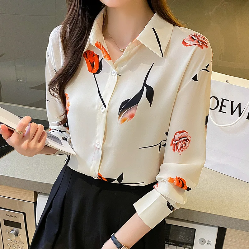 2023 Autumn New Joker Fashion Printed Silk Slim Long Sleeve Lapel Blouse Rarf Women Blouses Summer Short Top Fugees Shirt Tops &