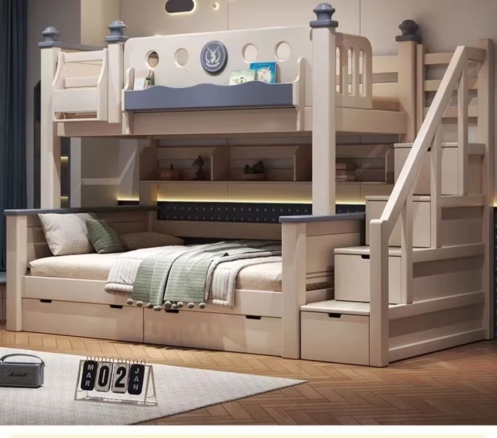 #@Solid Wooden Loft Bed Modern Wooden Bunk Bed for Girls Kids Room Furniture Adult Bunk Bed Slide and Drawers for Boys