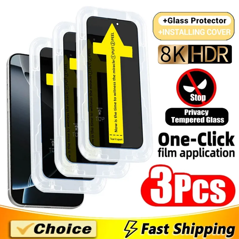

3Pcs 8K High End Easy Installation Privacy Screen Protector For iPhone 15 14 11 12 13 16 Pro Max XR X XS 16 Plus Anti-spy Glass