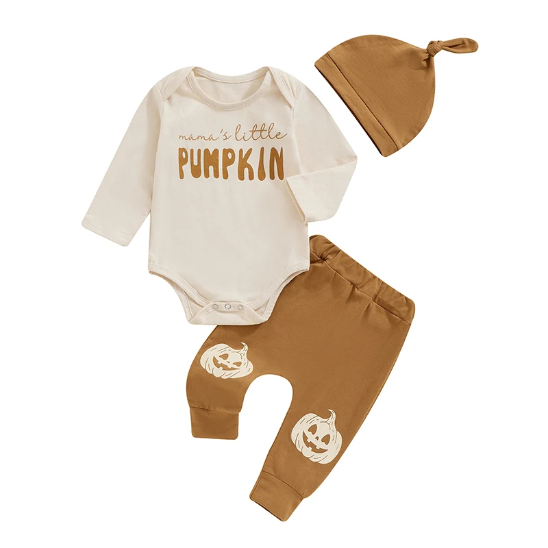 

Baby Boy Halloween Outfit Letter Print Long Sleeve Rompers and Pumpkin Print Pants Beanies Hat Set Spring Clothes