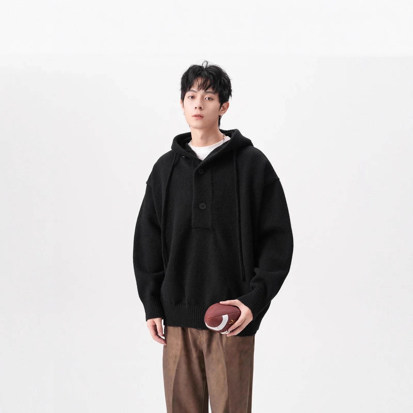 Autumn Winter Vintage Button Hoodie Sweatshirt Men's Loose Casual Streetwear Knit Pullover Outerwear