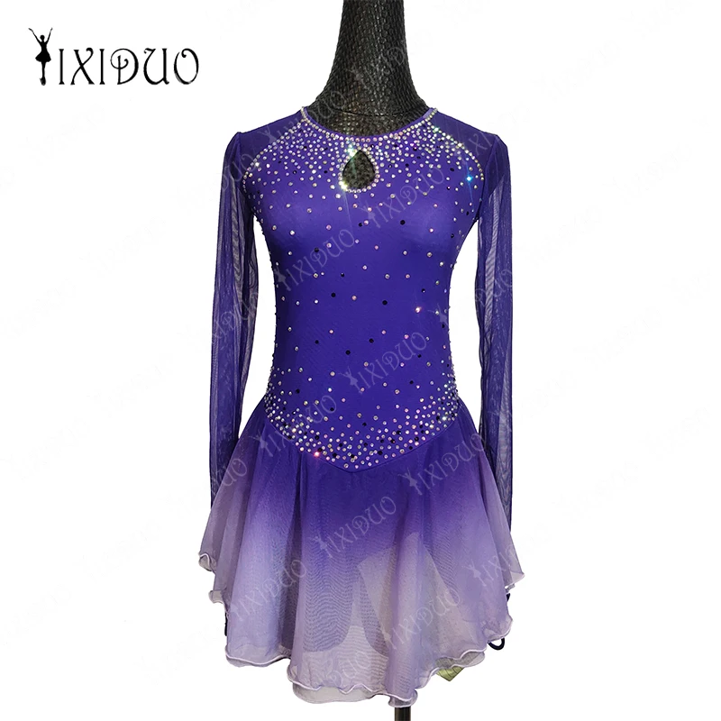 

Women Girls Long Sleeve Figure Skating Clothes Shiny Rhinestone Ballet Dance Gymnastics Leotards Dress Mesh Patchwork Dancewear