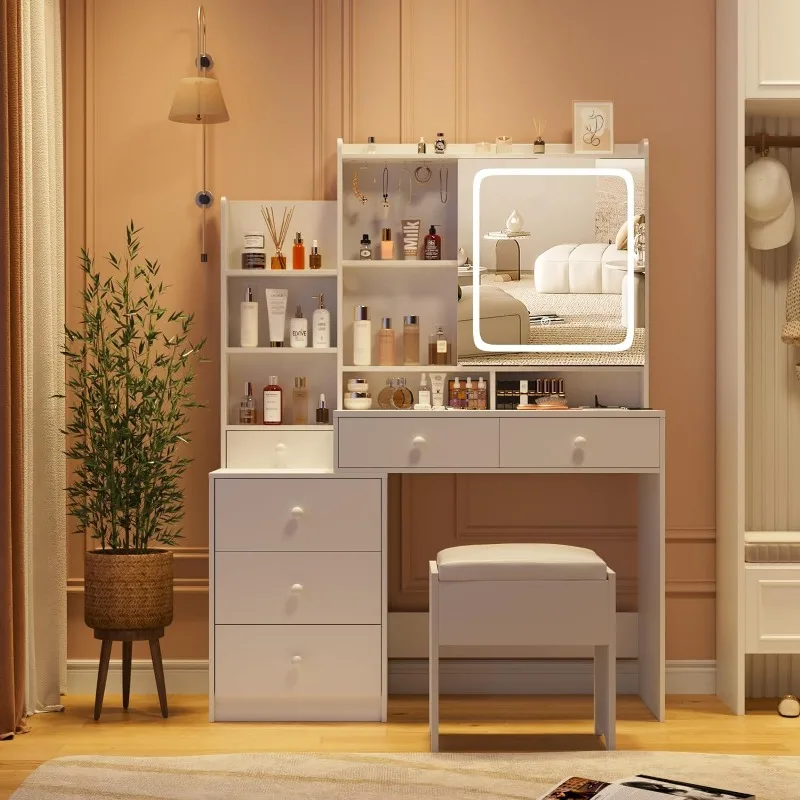 Vanity Makeup Mirror Desk com fezes, Vanity Makeup Set com 6 gavetas e prateleiras, Vanity Table com Power Strip, Espelho 3