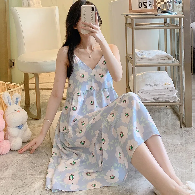 

Printing Sexy Sling Nightdress Floral Cotton Rayon Nightgowns For Women Night Wear Middle Length Dress Loose Ladies Nightshirt