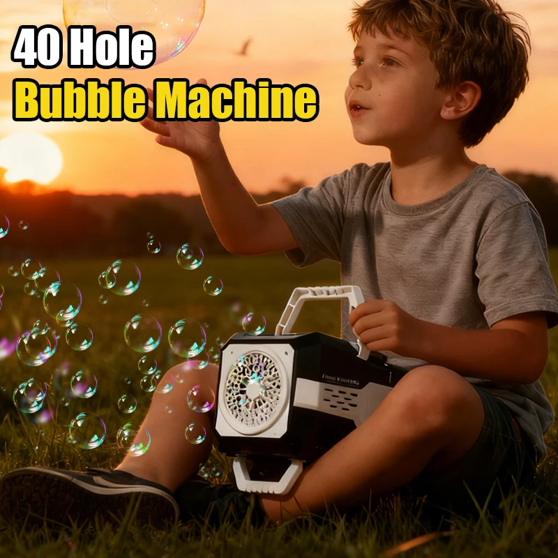 Máquina de bolhas portátil com 40 buracos, pistola de bolhas automática, sabão, jogos de festa, soprando brinquedos ao ar livre para crianças, presentes
