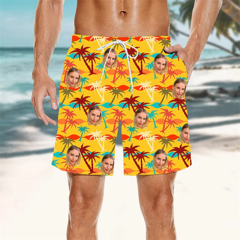 Palm Leaf Pattern Beach Shorts For Men Kids 3d Printing Plants Customize Face Swimming Trunks Summer Hawaiian Surf Board Shorts