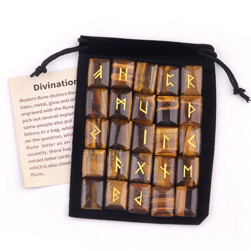 25pcs Natural Rune Stones Set Amethyst Tiger Eye Red Agate Hand Carved Norse Runese Alphabet Symbols for Divination Witchcraft