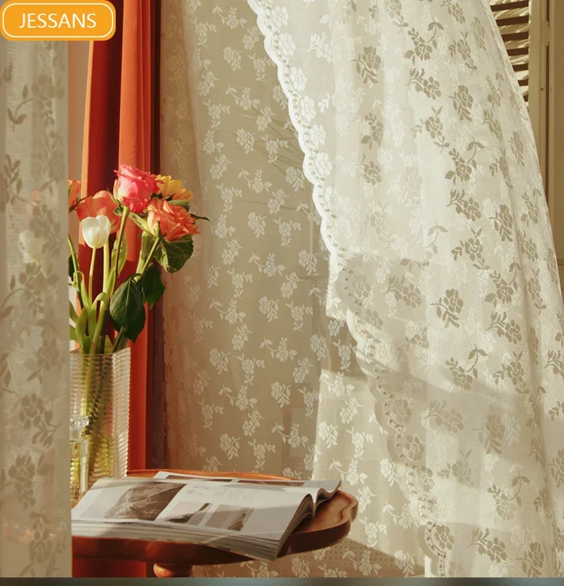 

French Retro Lace Gauze Curtains White Gauze Beads Embroidered Window Curtains for Living Room Bedroom Bay Window Balcony