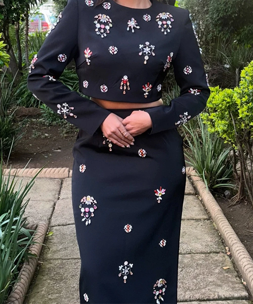 

2025 new elegant and fashionable diamond-studded round neck top high waist long skirt two-piece set-GZXX892