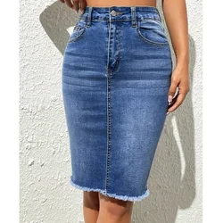 ﻿ ﻿ Women High Waist Denim Skirts Ladies Stretch Jeans Knee Length Casual Bodycon Skirt