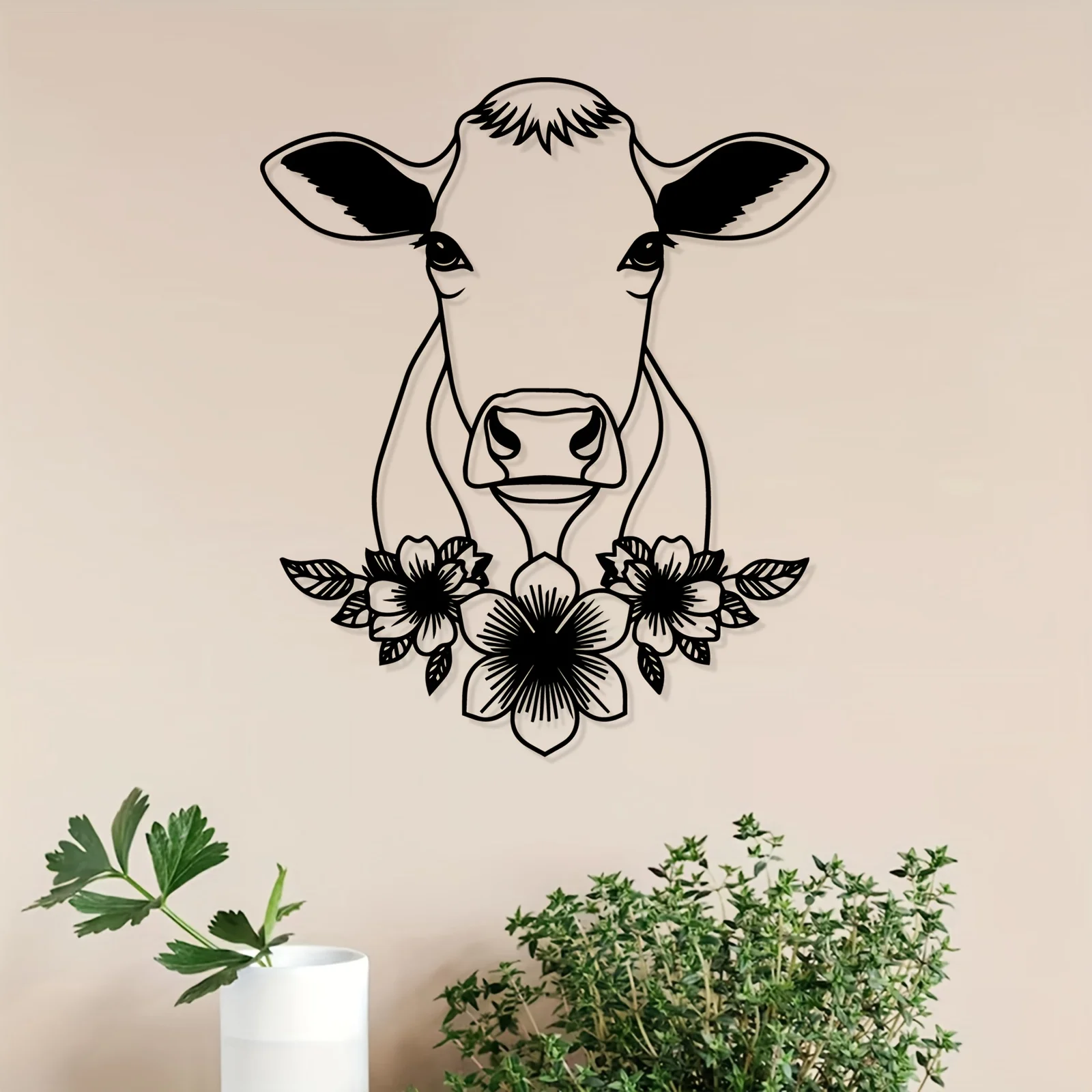 Cow Head Metal Wall Art, 2D Flat Laser Cut Farm Animal Silhouette Wall Sculpture, Rustic Farmhouse Style