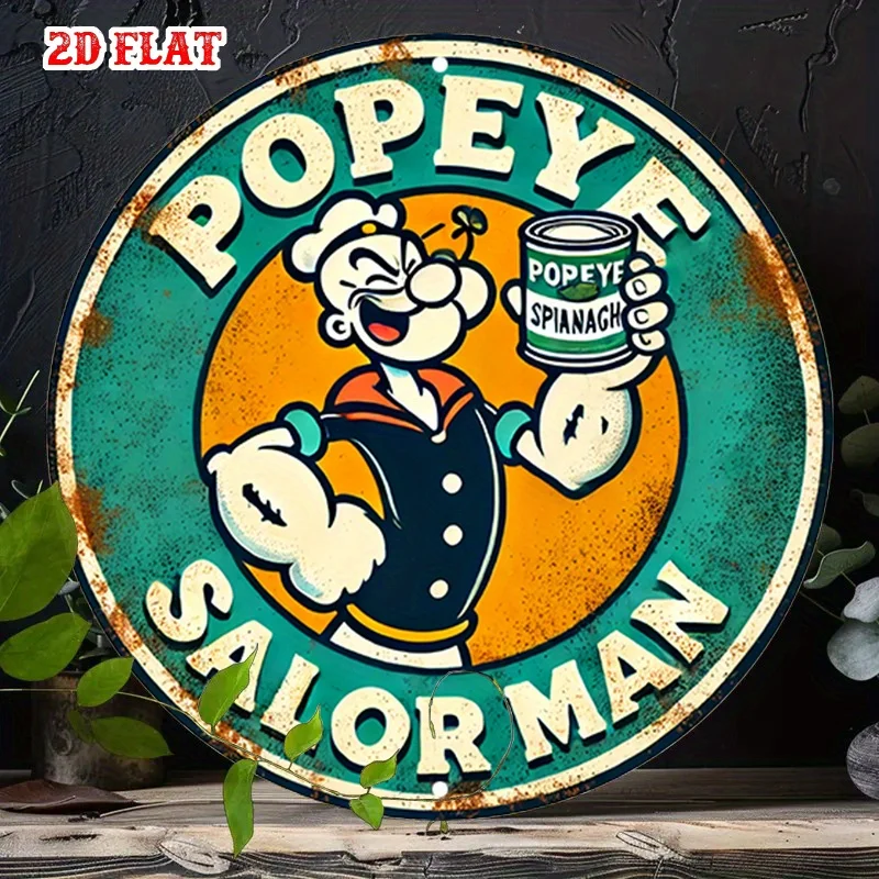 Letrero Redondo de Aluminio Vintage de Superhéroe 2D Plano, 1 Pieza, Letrero Metálico de Personaje Popeye - Impresiones Audaces, Arte de Pared Metálico Rústico, Retro