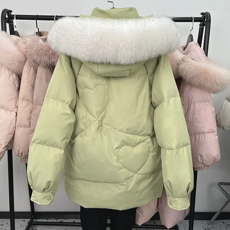 2024 New Women's Down Jacket Korean Western Style Fox Fur Collar Slim Winter Coat Long Sleeve Solid Color Casual Clothes