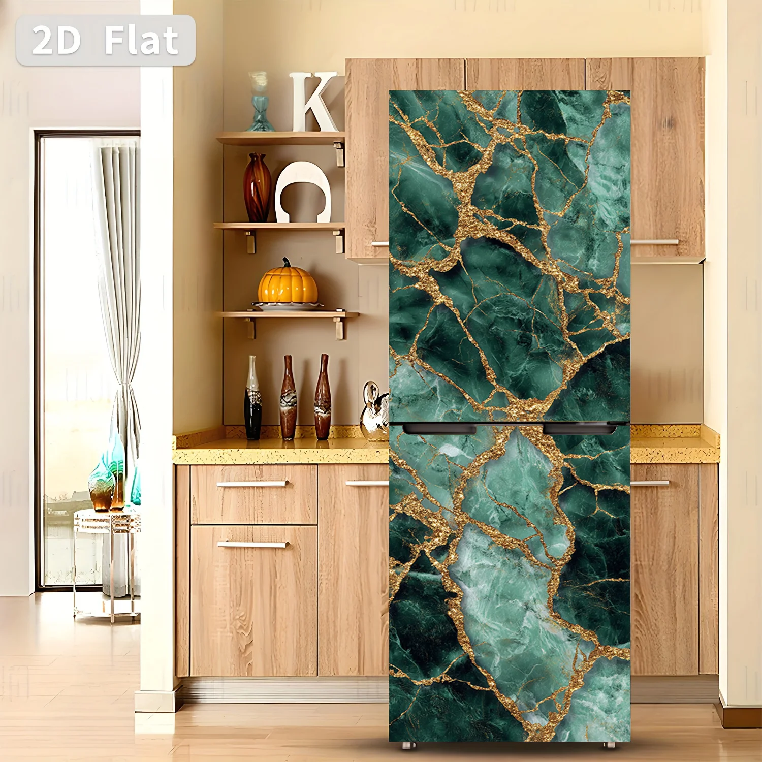 Refrigerator Sticker Emerald Golden Vein Stone Themed Design Wall Decal Self-Adhesive Wallpaper Suitable for Cabinets and Ward