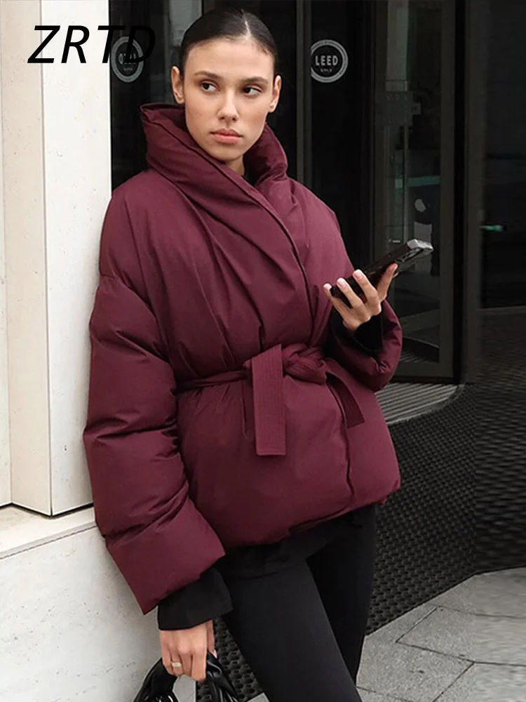 Street Women's Burgundy Quilted Coat With Belt Slim Stand Collar Pocket Long Sleeve Warm Jacket 2024 Winter Lady Vintage Outwear