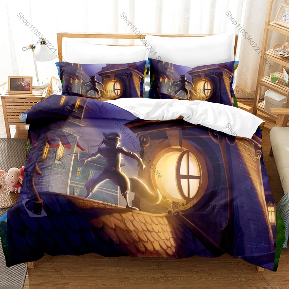 Retro Game Sly Cooper Bedding Set, Duvet Cover & 2 Pillowcases, Cute Raccoon Thief Pattern Breathable Fabric All Season Use