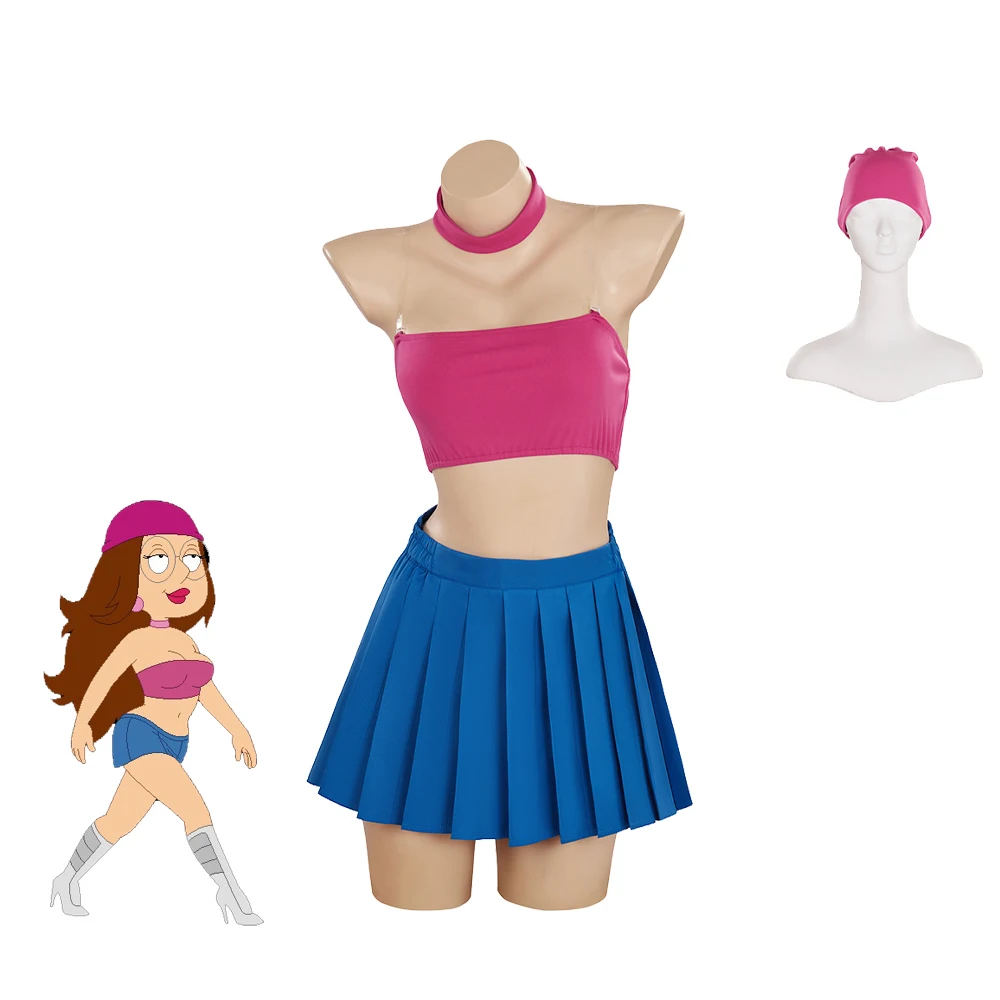 Meg Griffin Cosplay Costume Hot Meg Sexy Pink Crop Top Mini Skirt With Hat Full Set Halloween Carnival Party Dress Outfits