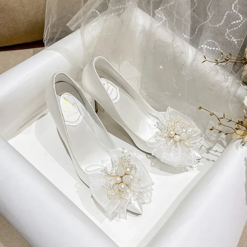 

New Sweet Bow Women's Shoes White Wedding Dress Wedding Shoes Champagne Bridesmaids High Heels