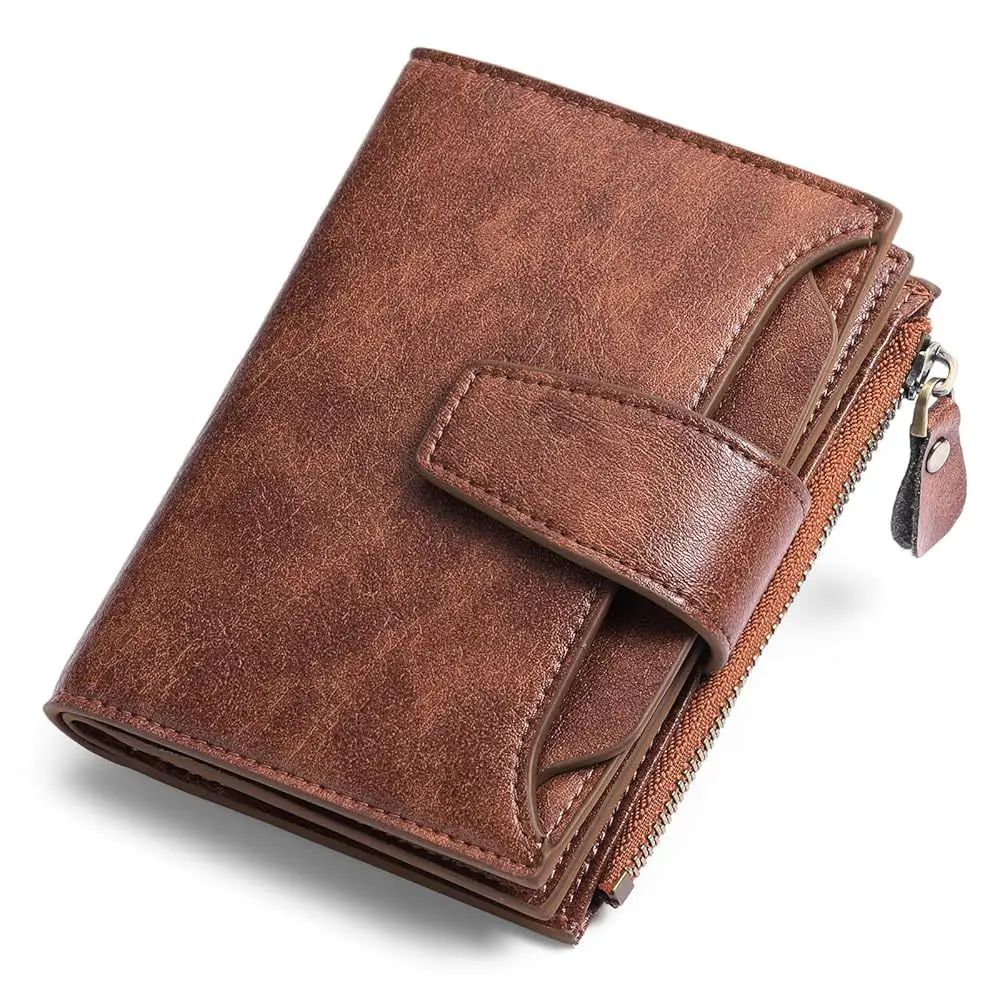RFID Blocking Short Wallet for Women Card Holder Zipper Coin Purse Small Hasp Ladies Clutch Bag Retro Multi Pocket Billfold