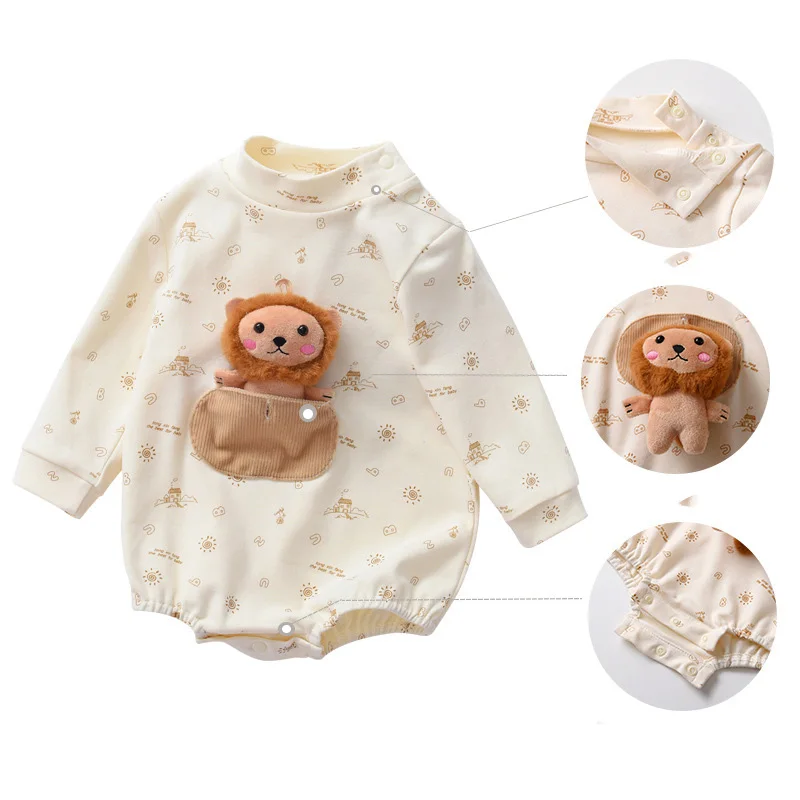 2024 Spring Autumn Newborn Boys Romper Cartoon Lion Long Sleeve Printed Baby Girls Bodysuit Turtleneck Loose Infant Boy Jumpsuit