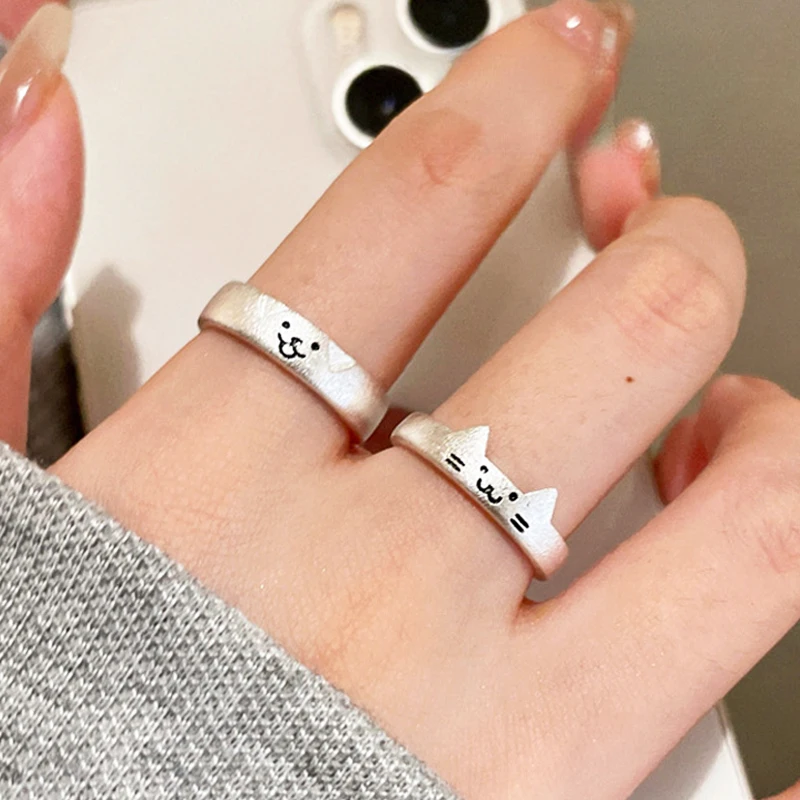 Cat Dog Couple Rings Cute Cartoon Sliver Color Ring for Women Men Adjustable Open Alloy Finger Rings Lovers Dating Jewelry Gifts