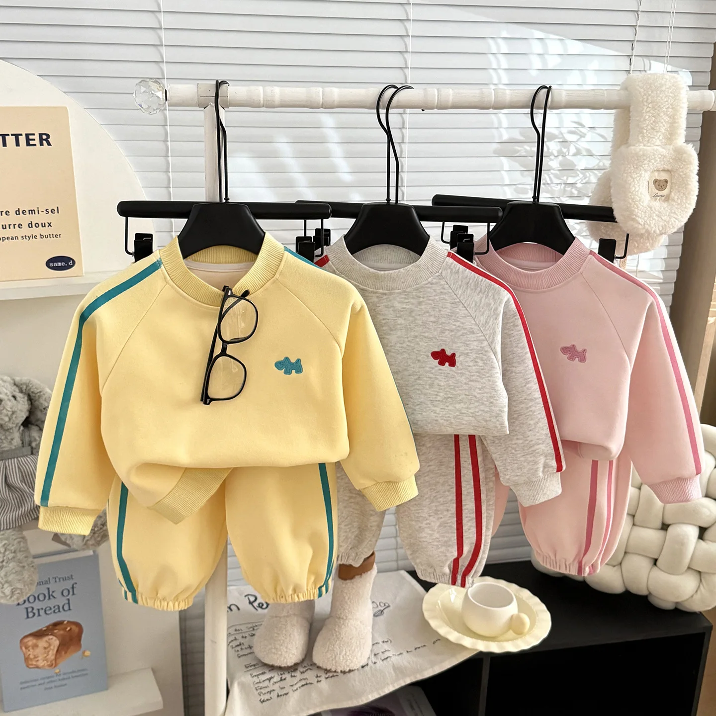 Autumn Cartoon Embroidery Kids Sweatshirt Set Color Blocking Stripe 2 Pcs Set for Boys Girls Korean Style Children Clothes