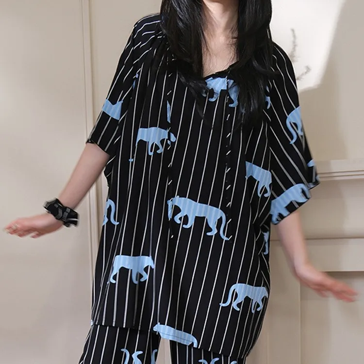 Women's Cotton Silk Family Pajamas Set Spring Autumn Style  5/4 Sleeves Versatile Outdoor Wear Print Design Long Sleeve Pants