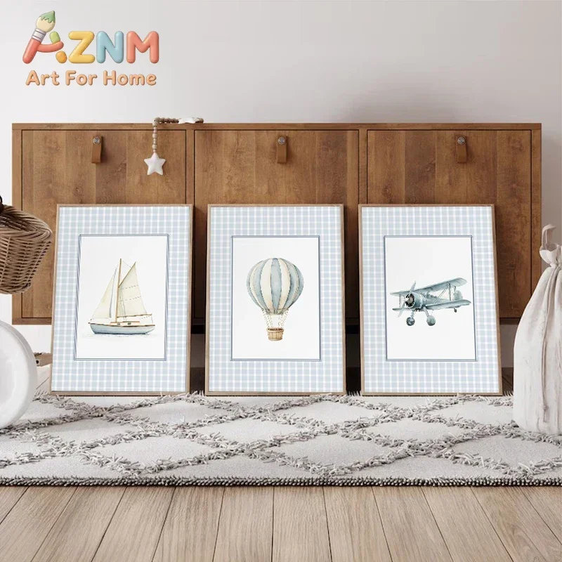 Vintage Travel Transportation Hot Air Balloon Boat Plane Train Nordic Poster Canvas Painting Wall Pictures Boy’s Room Home Decor