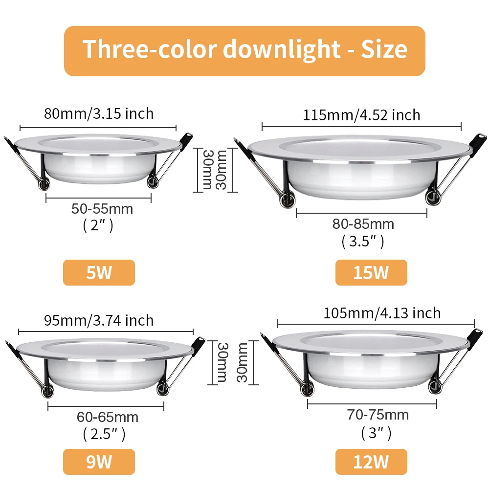 Led Downlight 5W 9W 12W 15W Recessed Ceiling Lamp Panel Light Three Color Dimmable Led Spotlight for Living room Bathroom