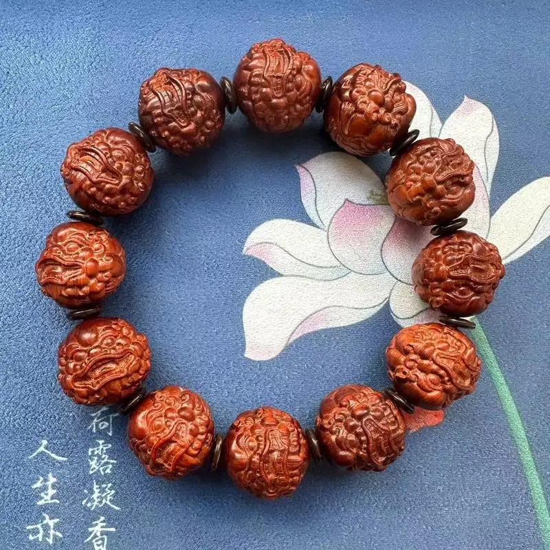 carved Pixiu bracelet men's style high-density rhino horn small-leaf purple sandalwood Buddhist prayer bea