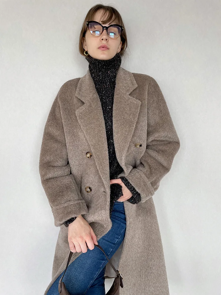 Cappotto di alta qualità 100% Alpaca donna Camel giacca di lana di media lunghezza femminile inverno spesso bianco Lace-Up caldo doppio petto