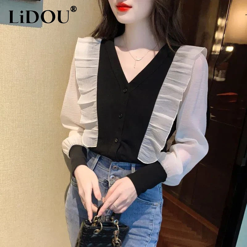 

Spring Autumn Women's Elegant Fashion Ruffles Patchwork Shirt Ladies Temperament All-match Buttons Cardigans Female Blouse Top