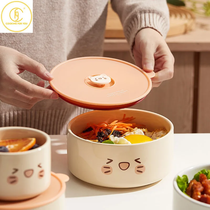 300/500/800ml Family Ceramic Noodle Bowl with Lid Student Creative Soup Fruit Salad Bowl Can Microwave Oven Kitchen Tableware