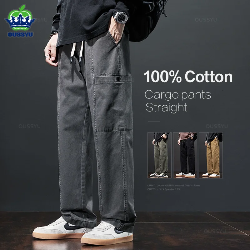 OUSSYU-pantalones Cargo de algodón 100% para hombre, ropa de trabajo de Color sólido, pantalón informal recto y grueso, pantalones de Jogger Coreanos