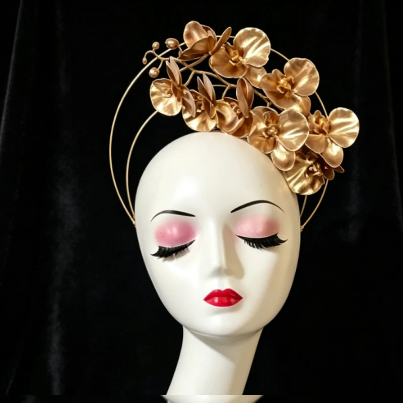 Gold Orchid Fascinator Headband, Halo Crown Headpiece for Wedding Photoshoot Festival Party, Elegant Women Hair Accessory