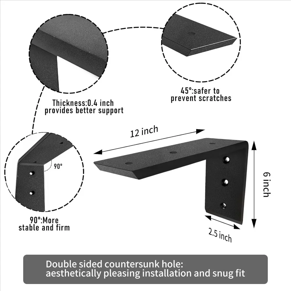 Heavy-Duty 12 Inch L-Shape Metal Countertop Brackets for Quartz and Granite, 0.4 Inch Thick, 12x6x2.5 Inch Support Shelf