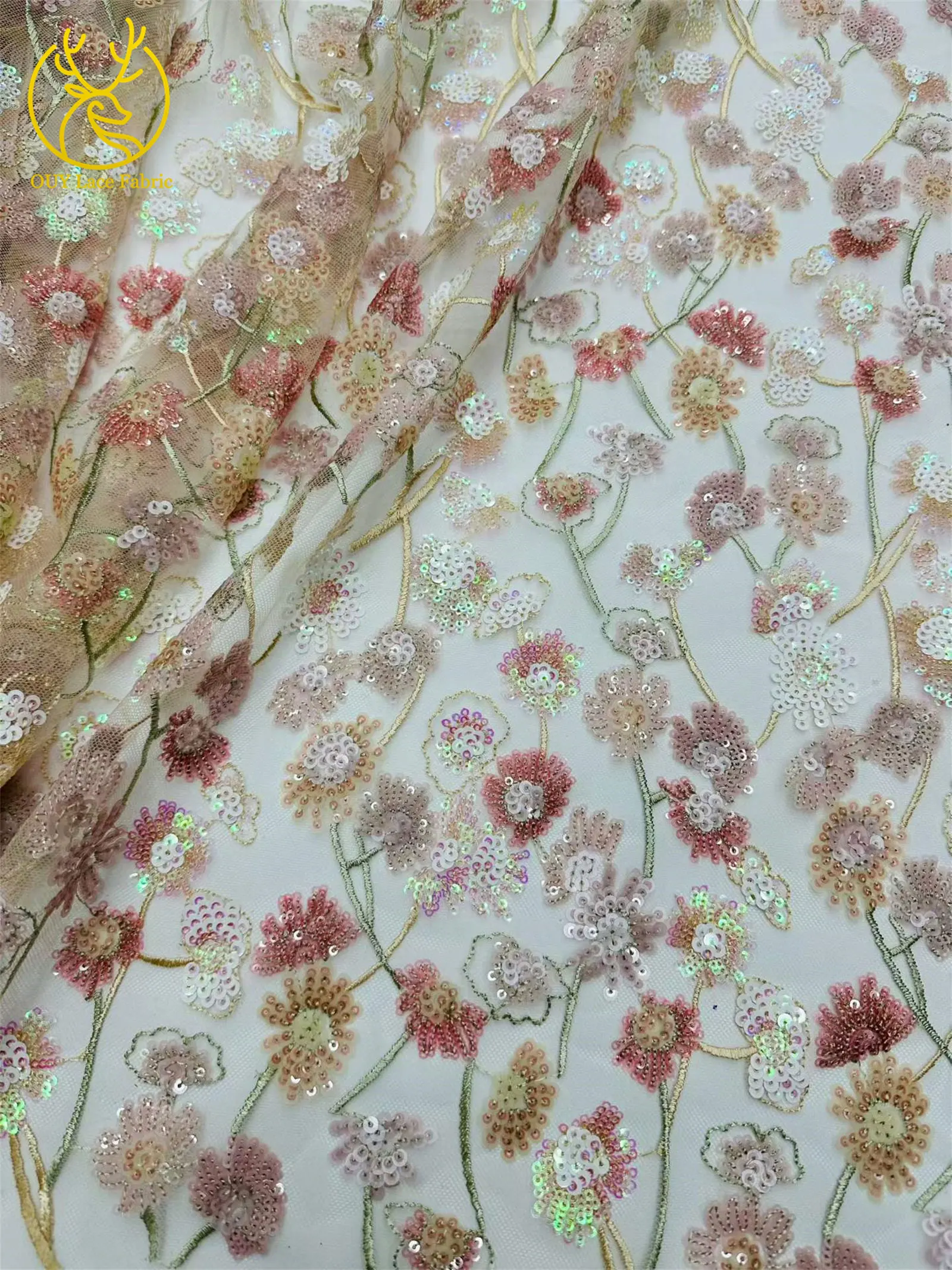 Luxuriöser afrikanischer Pailletten-Spitzenstoff, 5 Yards, hochwertige französische nigerianische Stickerei-Tüllspitze für Hochzeitsfeier, Brautkleid – Detail 9