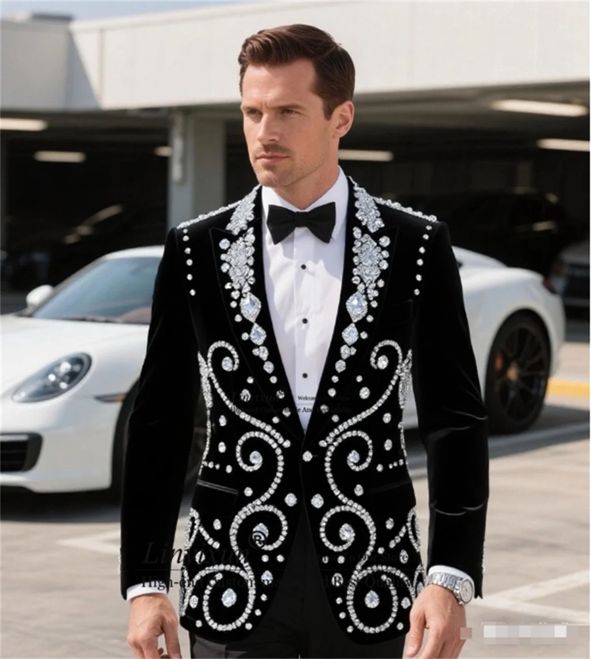 

Luxury Stone Crystals Tuxedos Men Suit 2 Pieces Sets Groom Wedding Male Party Ropa Blazer Slim Fit Customized Costume Homme