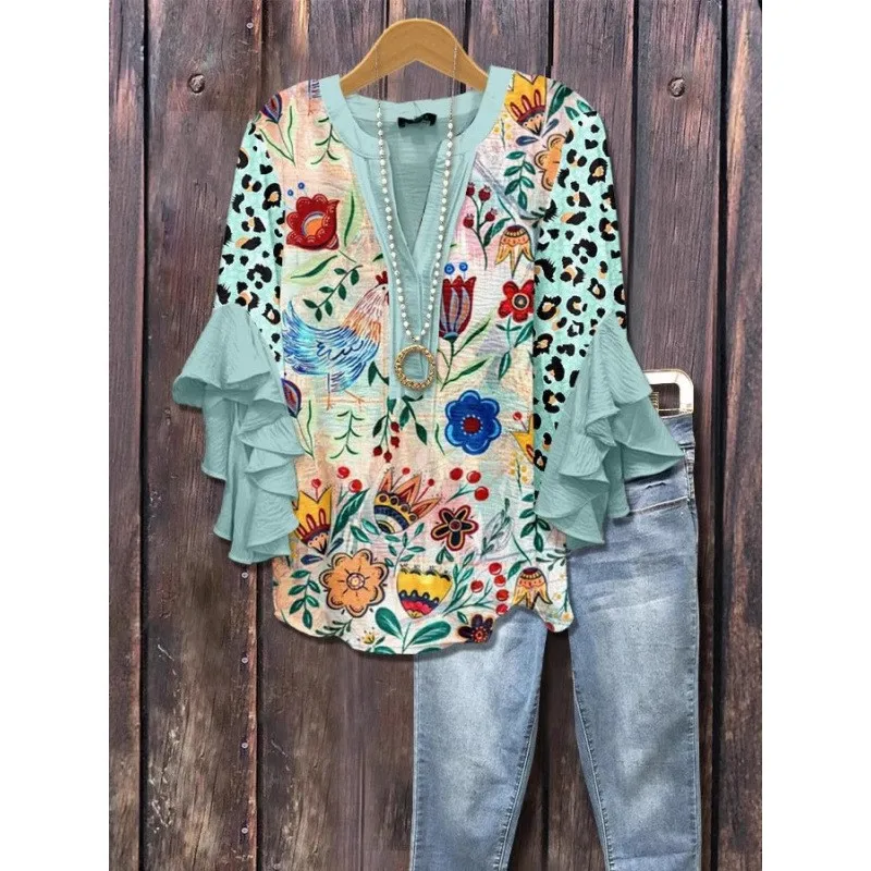 Long Sleeve T Shirt Clearance Sales Woman Clothing Longsleeve V Neck T Shirts Casual Blouse Floral Print Top Women Clothes