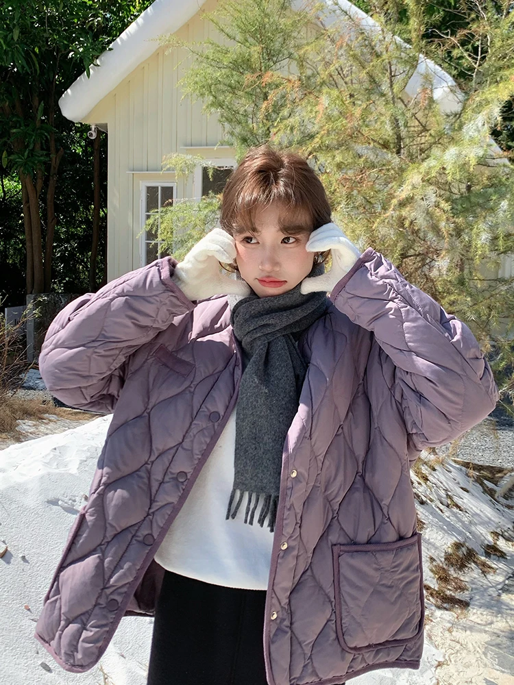 

Женская куртка Yang Bubble Purple Diamond Pattern Down Jaet ort 2025 Winter New White Du Feather Thiened round Ne ort Coat