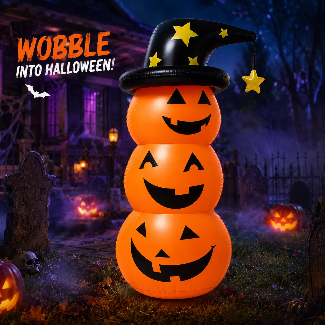 Halloween Inflatable Pumpkin Stack Decoration with Witch Hat Lighted Outdoor Yard Porch Party Decor view 5