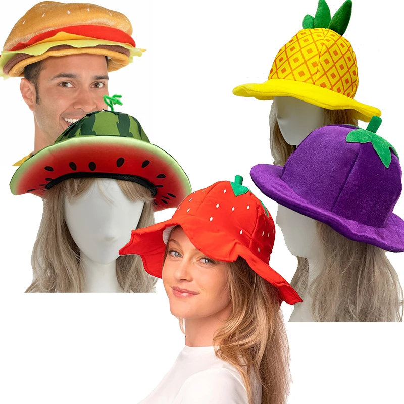 

Плюшевые оранжевые баклажаны, арбузные головные уборы, ананас, клубника, шляпы-ведра для взрослых, фрукты, овощи, костюм на Хэллоуин, реквизит, шляпа
