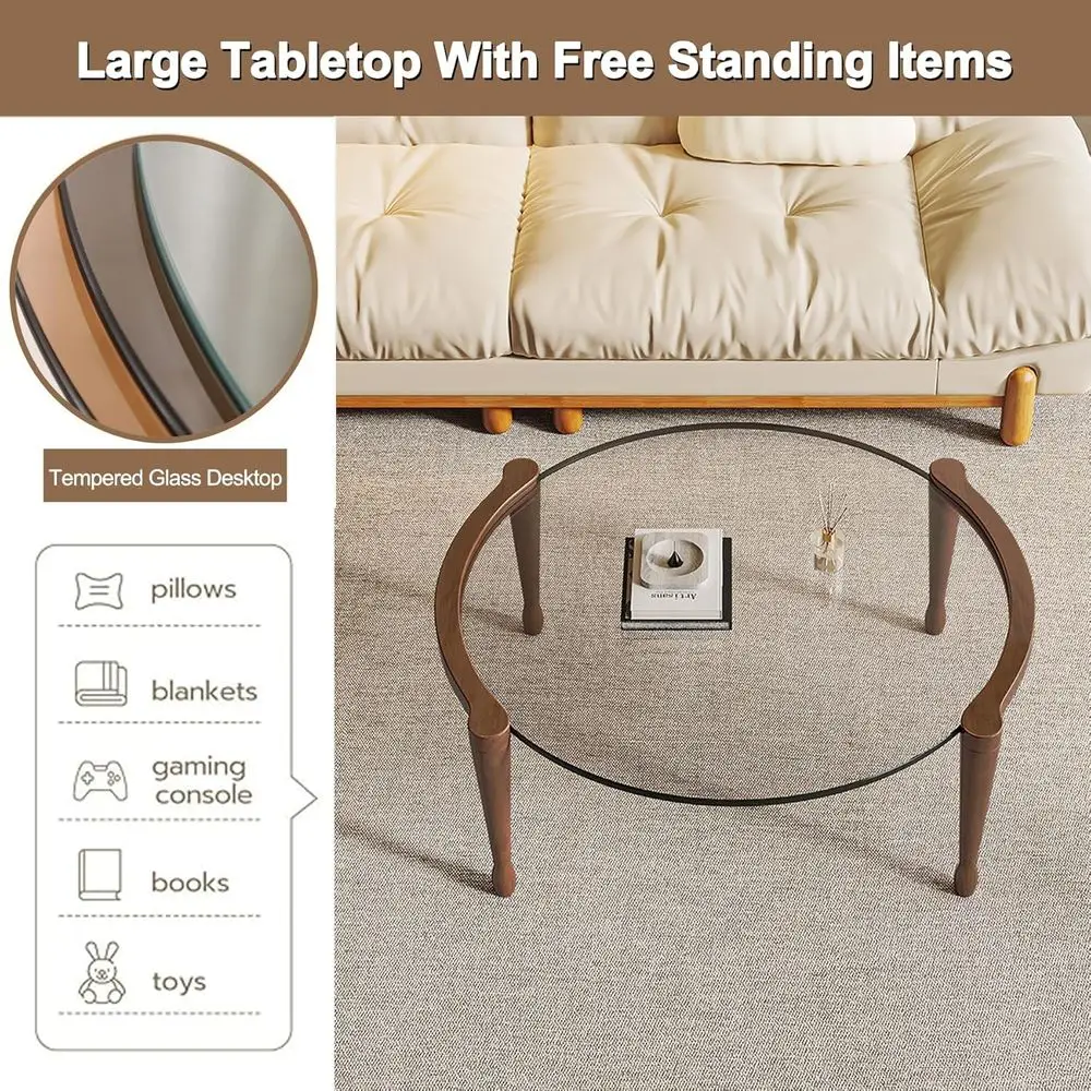 طاولة قهوة زجاجية مستديرة حديثة من منتصف القرن بأرجل خشبية، مثالية للمساحات الصغيرة