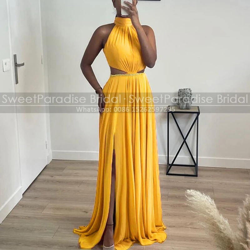 Customized A Line Bridesmaid Dresses Gold Yellow Chiffon High Neck Side Split Long Cut-Out Bridal Party Dress Maid Of Honor