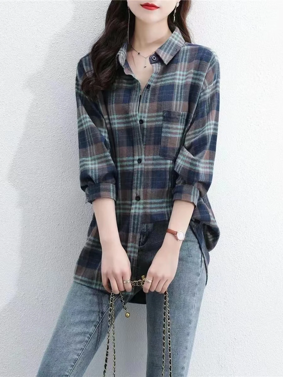 

Весенне-осенний художественный свободный хлопковый трикотаж irt, корейский длинный воротник-свек, пуговицы, клетчатый узор, топ прямого кроя