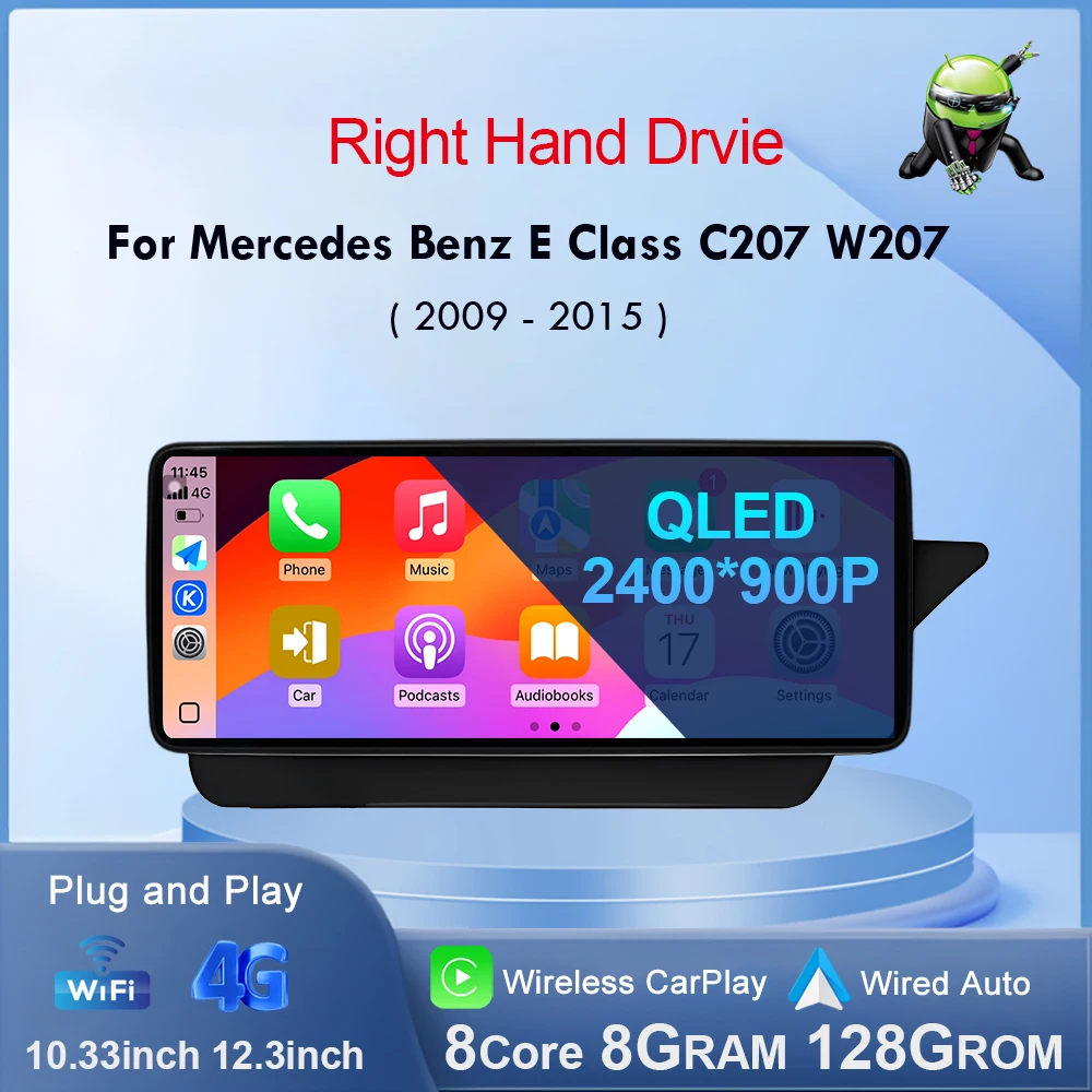 Навигационный GPS Android 14 для Mercedes Benz E Class C207 W207 A207 2009-2015 Правая рука Drvie Wireless Carplay Auto Head Unit