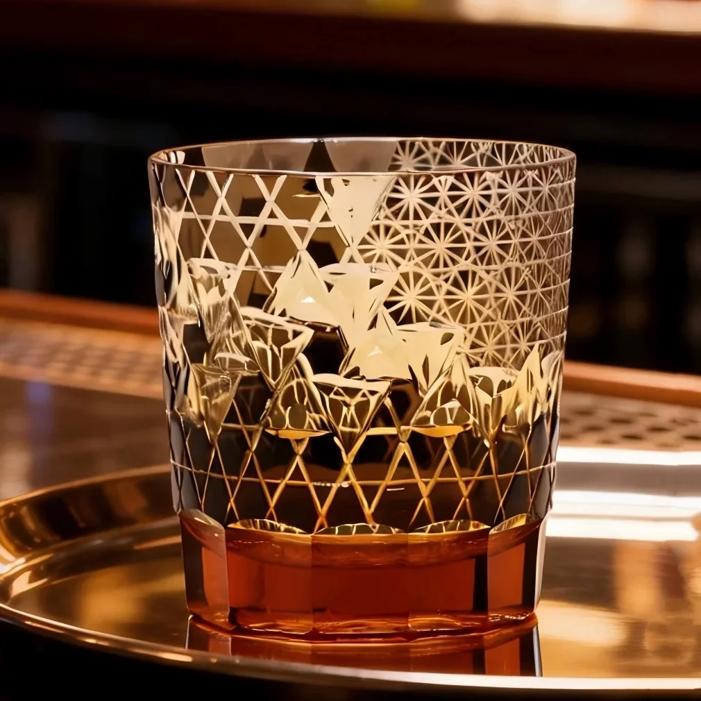 Hand-Cut Whiskey Glass Edo Kiriko Style 8.5 Oz Amber Layered Glass for Home Bar Old Fashioned Cocktails Bourbon & Scotch