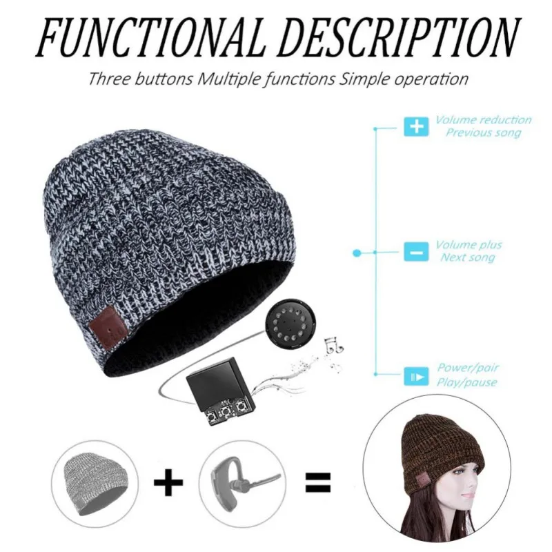 Wireless Bluetooth Headphones Winter Warm Music Hat Beanie Cap Sport Knitted Hat Earphones Gift Smart Headset Speaker with Mic